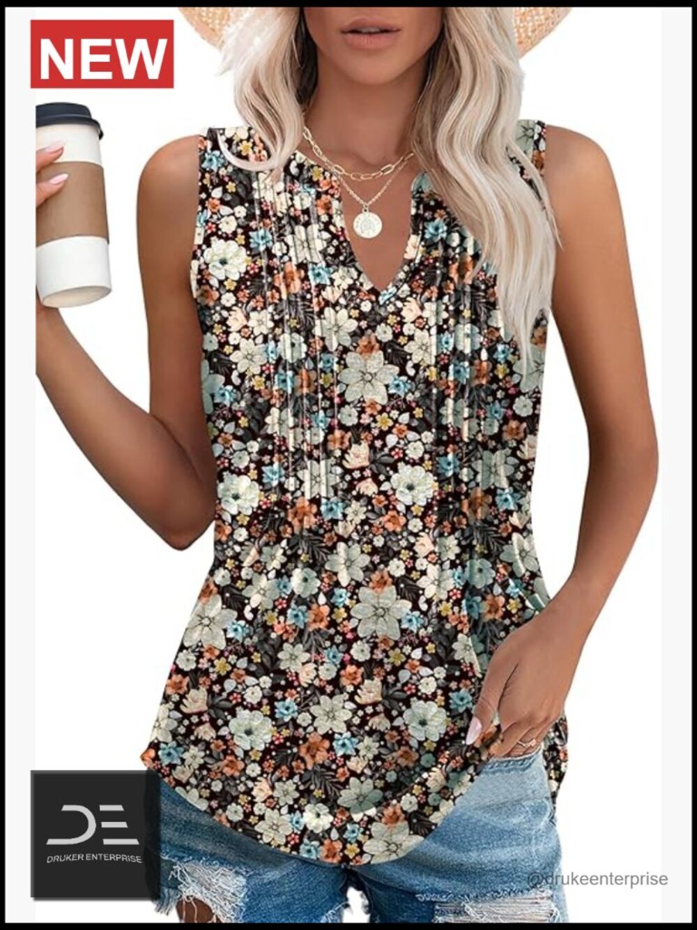 Womens V Neck Tank Top Pleated Loose Fit Sleeveless Summer Blouse